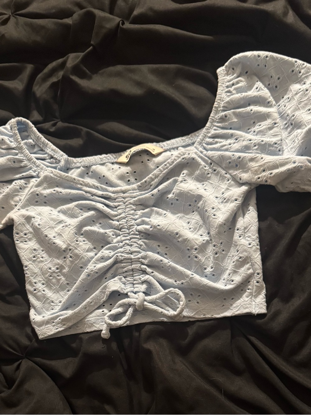 SO Light Blue Eyelet Ruched Crop Top